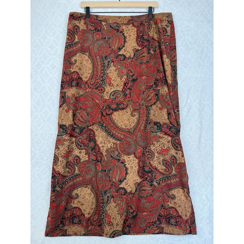 Vtg Maxi Skirt 20W 2X Red Gold Paisley Microsuede Academia Modest Grunge 90s Y2K